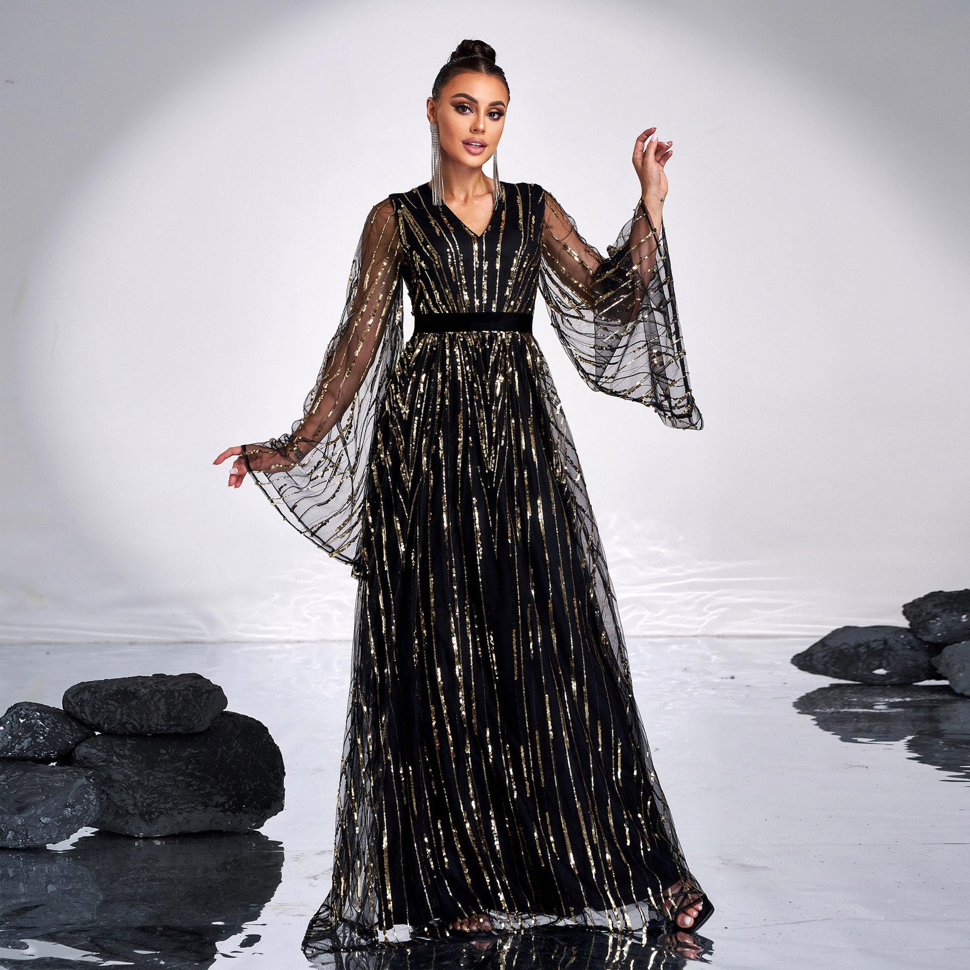 Women V-Neck Long Sleeve Sequin Formal Party Evening Dress