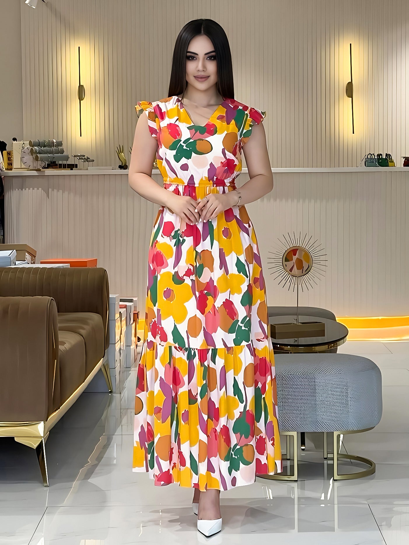 Women V-neck Printed Patchwork Dress 3