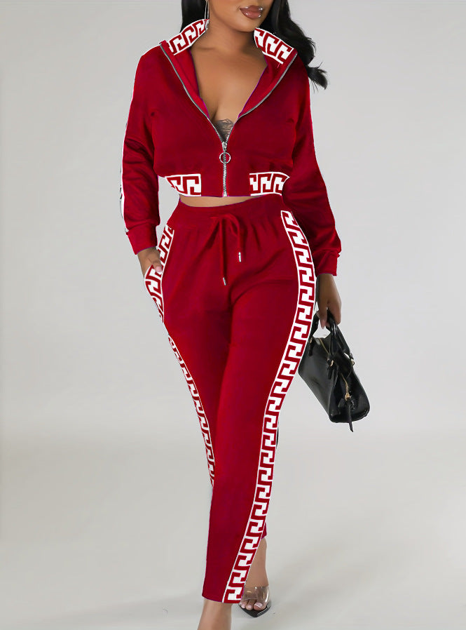 Spring Autumn Fashion Casual Patchwork Zipper Top Trousers Two-Piece Set 6