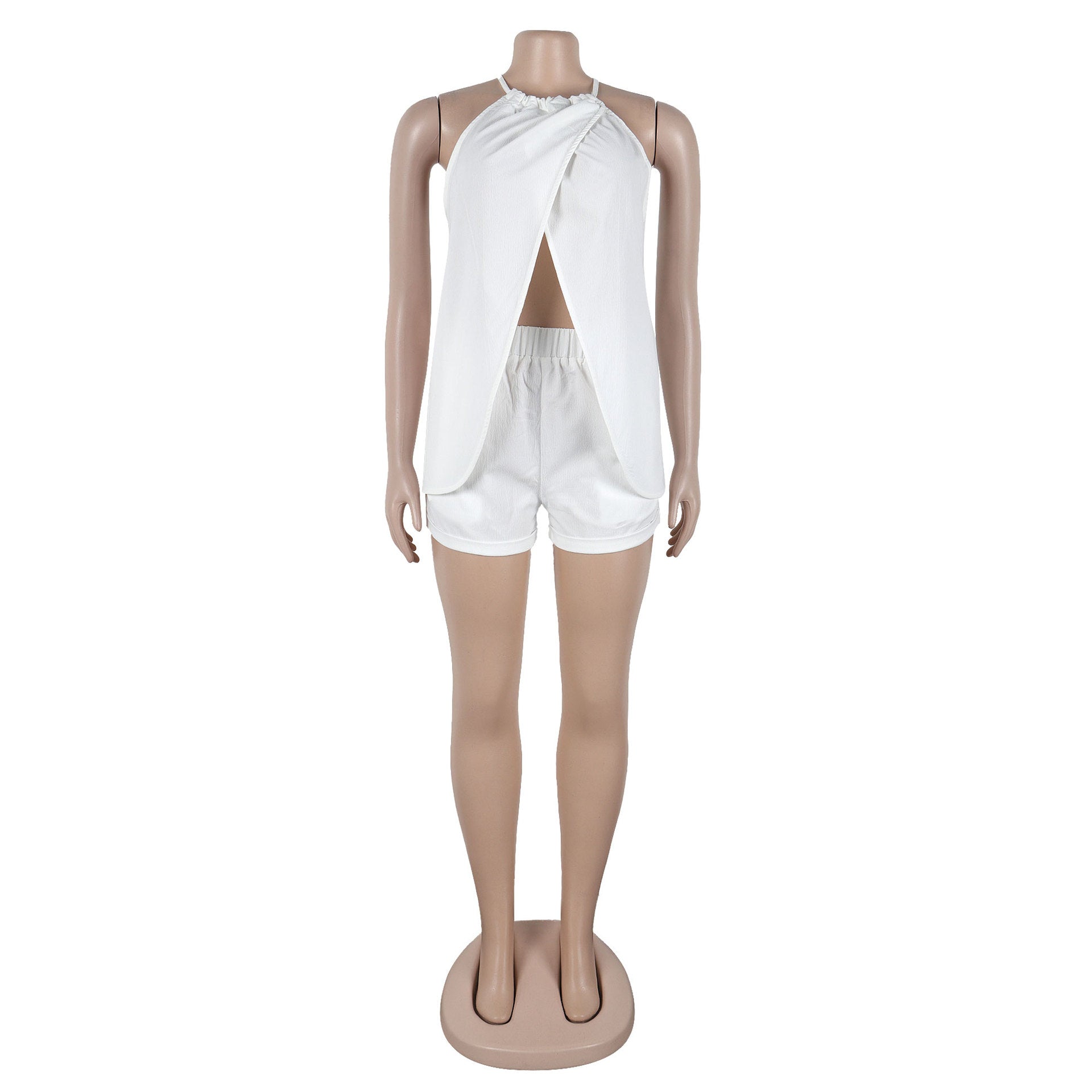 Women sexy solid slit halter neck lace-up sleeveless top and shorts two-piece set 29