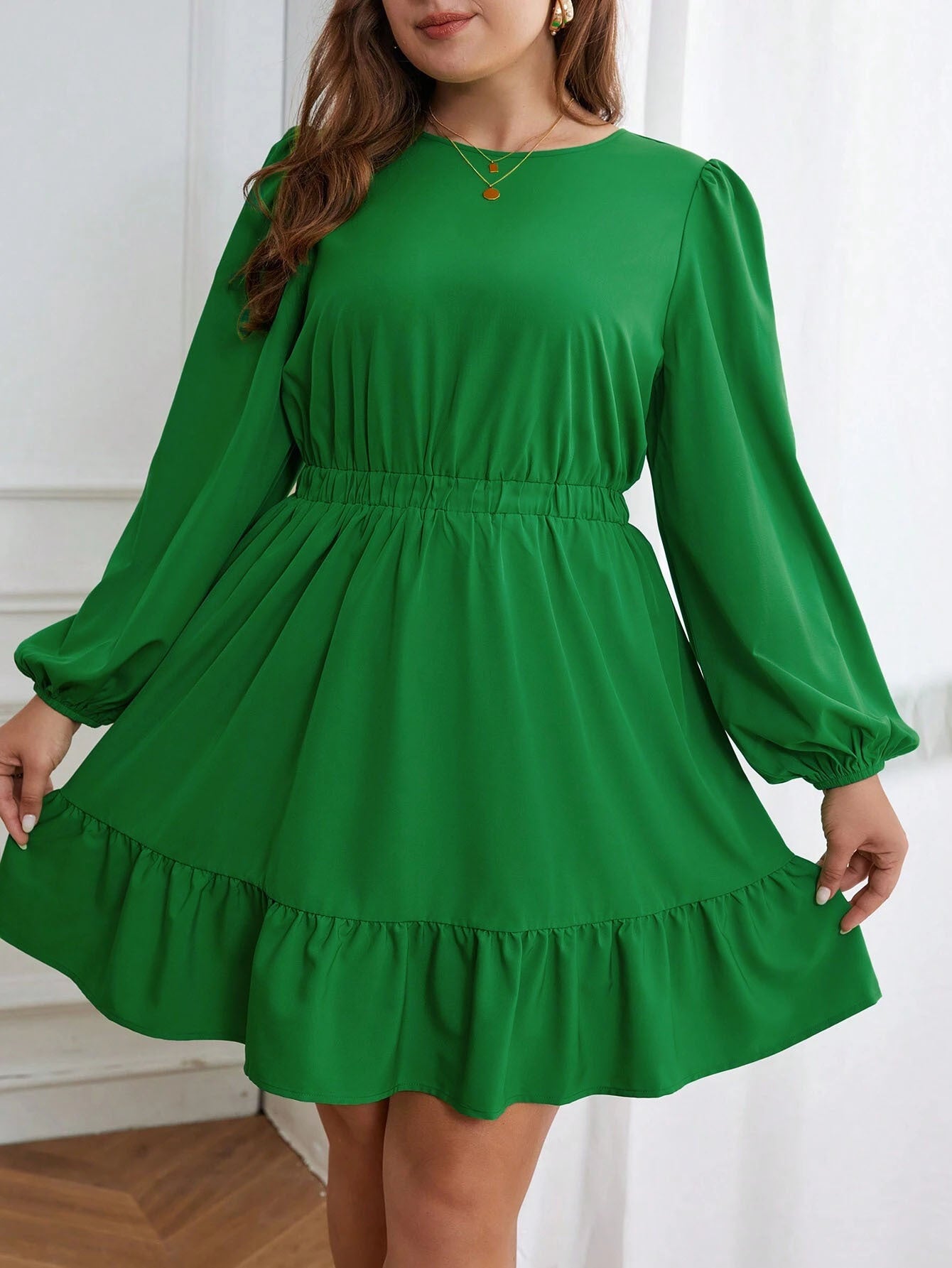 Plus Size Women Autumn and Winter Ruffle Round Neck Long Sleeve Dress 4