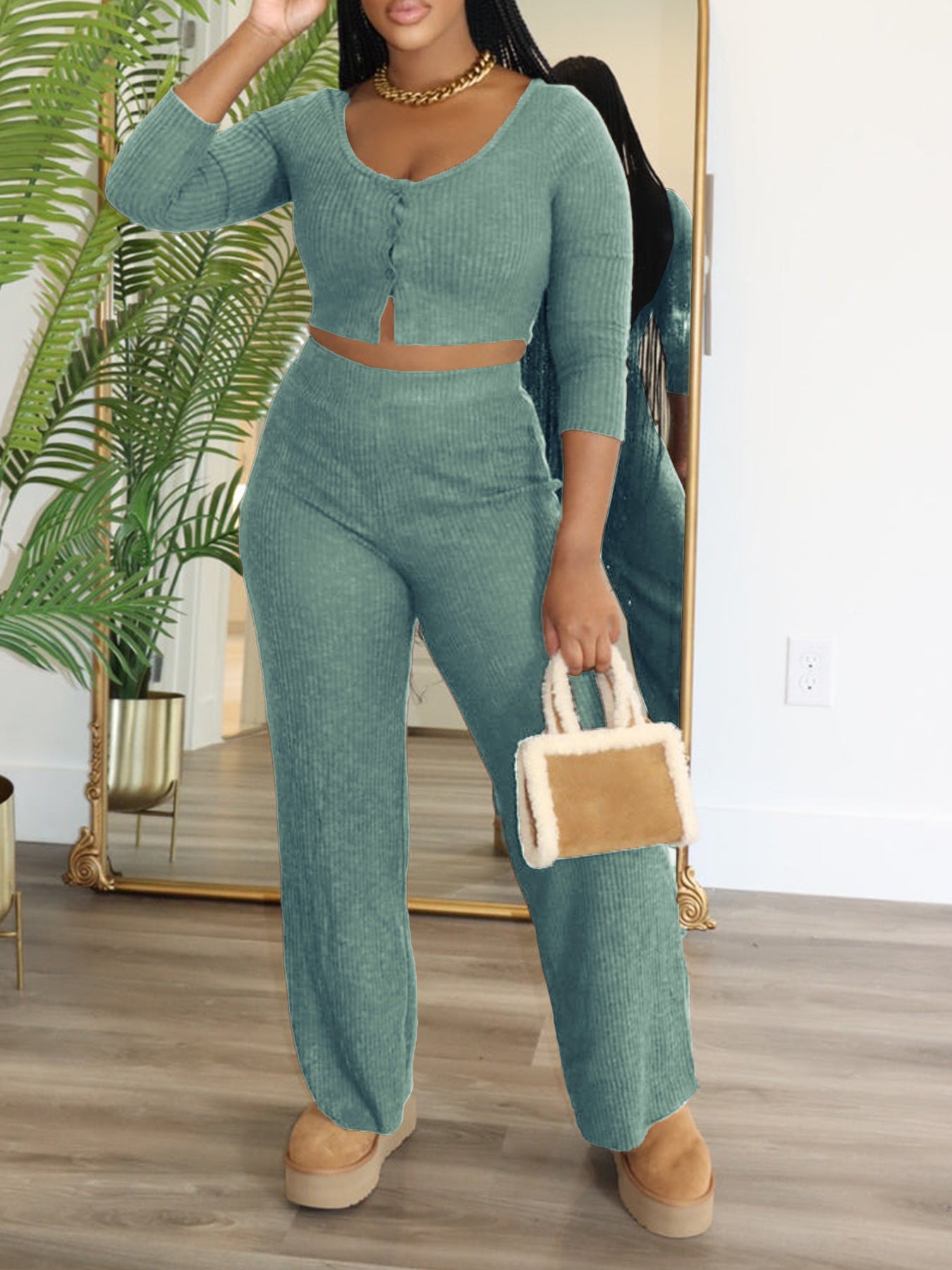 Women Soild long-sleeved Top and trousers Two Piece Set 8