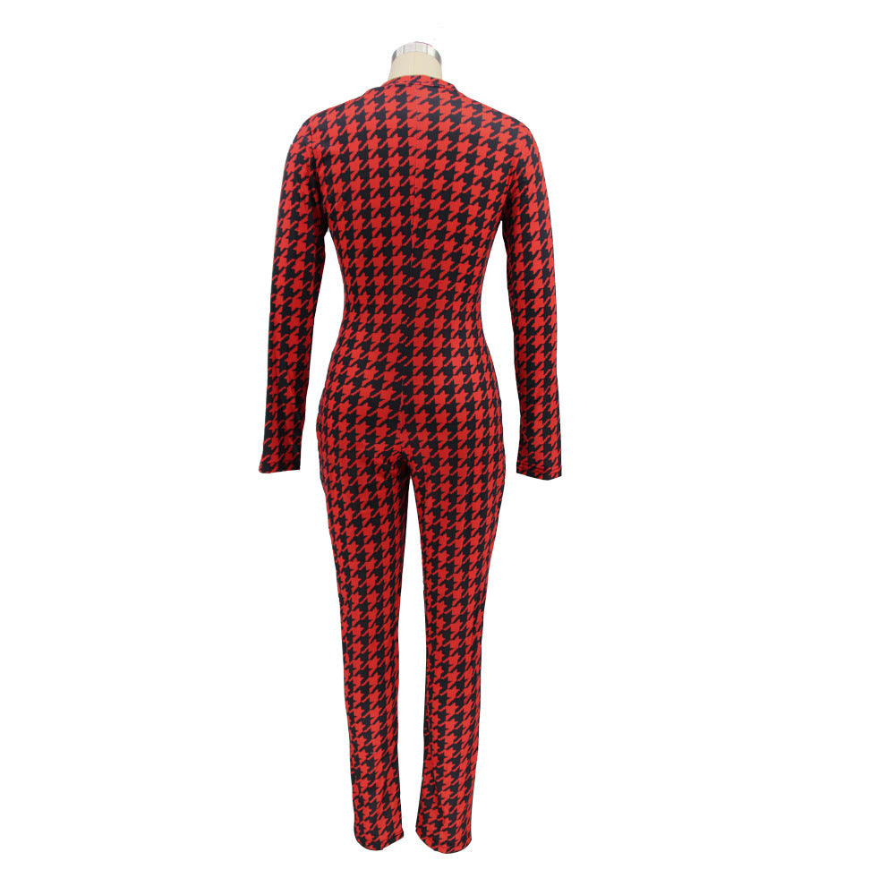 Spring Women's Plaid Print Round Neck Zipper Casual Jumpsuit 19