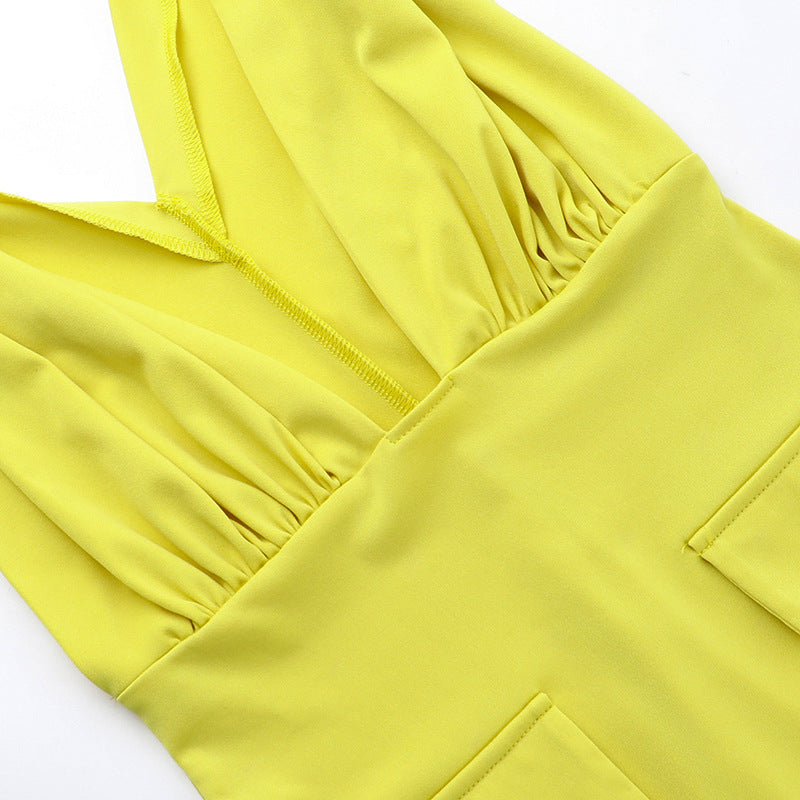 Sexy V-Neck Fake Pocket Summer Slim Waist A-Line Dress 13