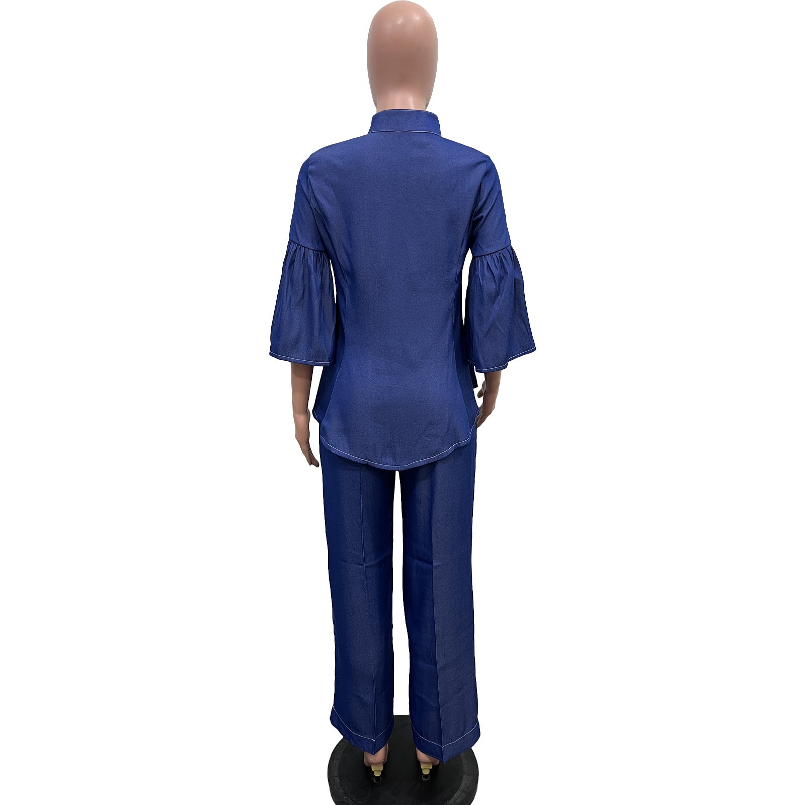 Women Solid Denim High Collar Button Top and Straight Pants Two-piece Set 12