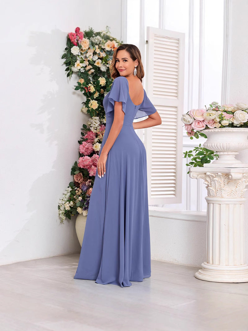 Chiffon Short Sleeve A-Line Dress Low-Back Elegant Evening Gown