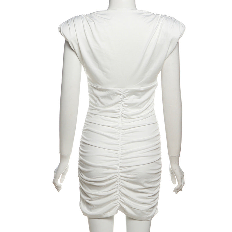 Women Summer Sexy V Neck Bodycon Pleated Solid Dress 8