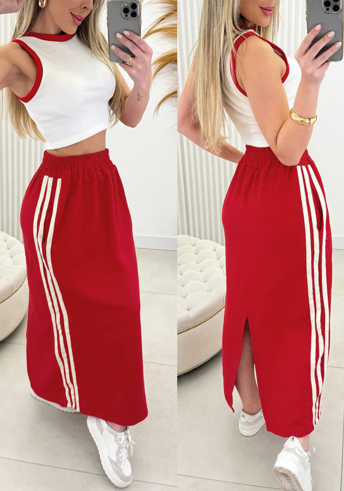 Contrast Vest Elastic Waist Skirt Set