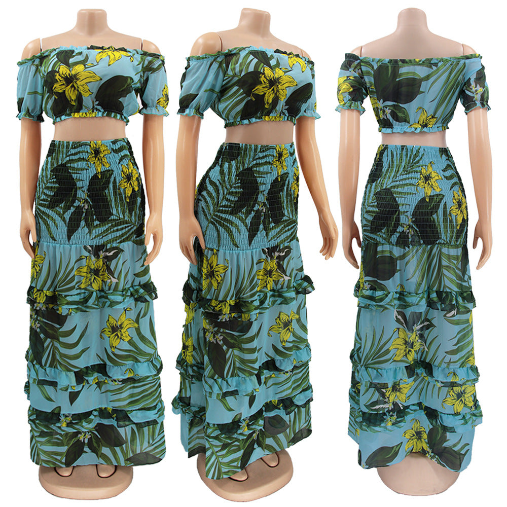 Printed Short Sleeve Sexy Slim Fit Women's Casual Two Piece Skirt Set 7