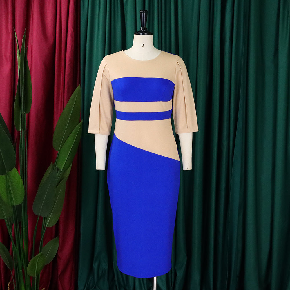 Women Africa Plus Size 3/4 Sleeve Color Block Bodycon Dress 13