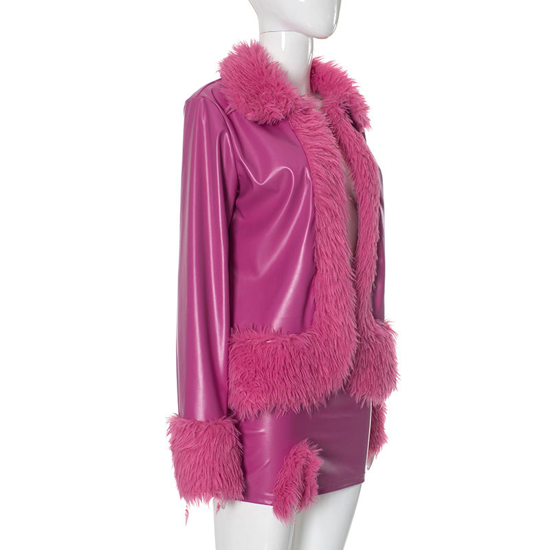 Women Pu-Leather Fur Collar Jacket and Skirt Two Piece Set 10