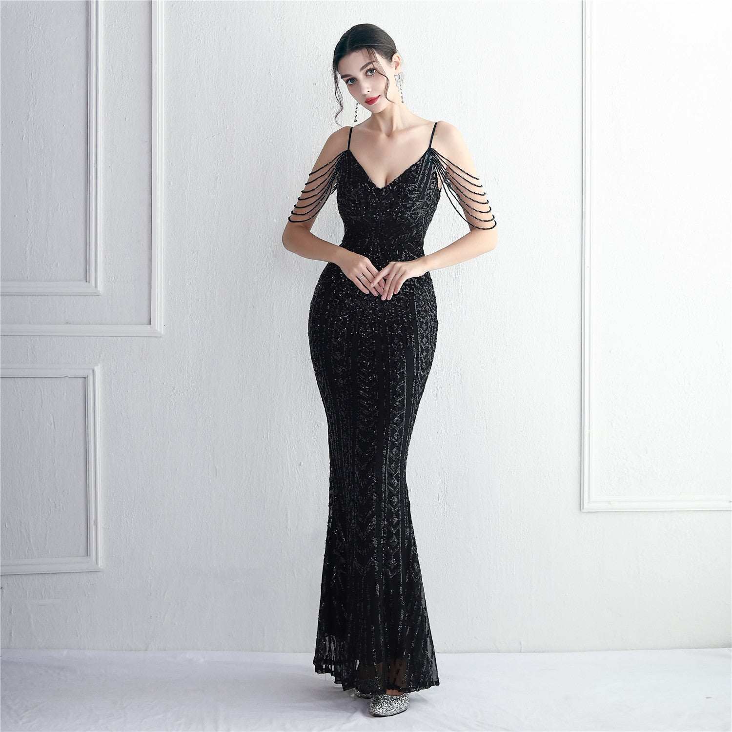 Elegant Chic Beading Straps Party Sequin Prom Dress Long Formal Party Gown Slim Evening Dress