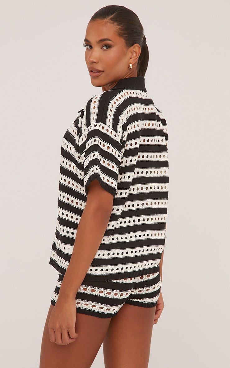 Women Sexy Hollow See-Through Turndown Collar Top and Knitting ShortsTwo Piece Set