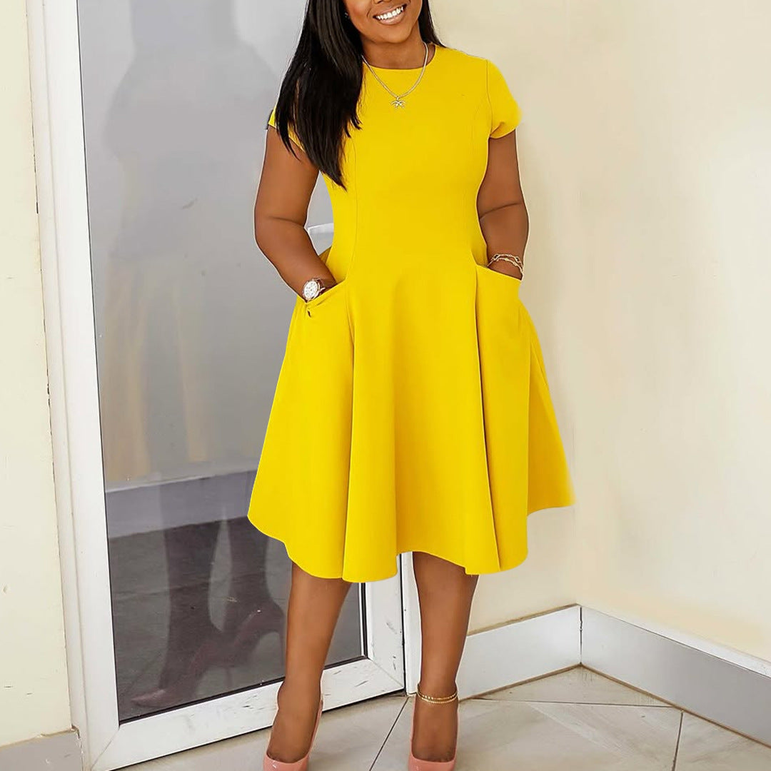 Women Spring Summer Casual Round Neck Pocket Dress