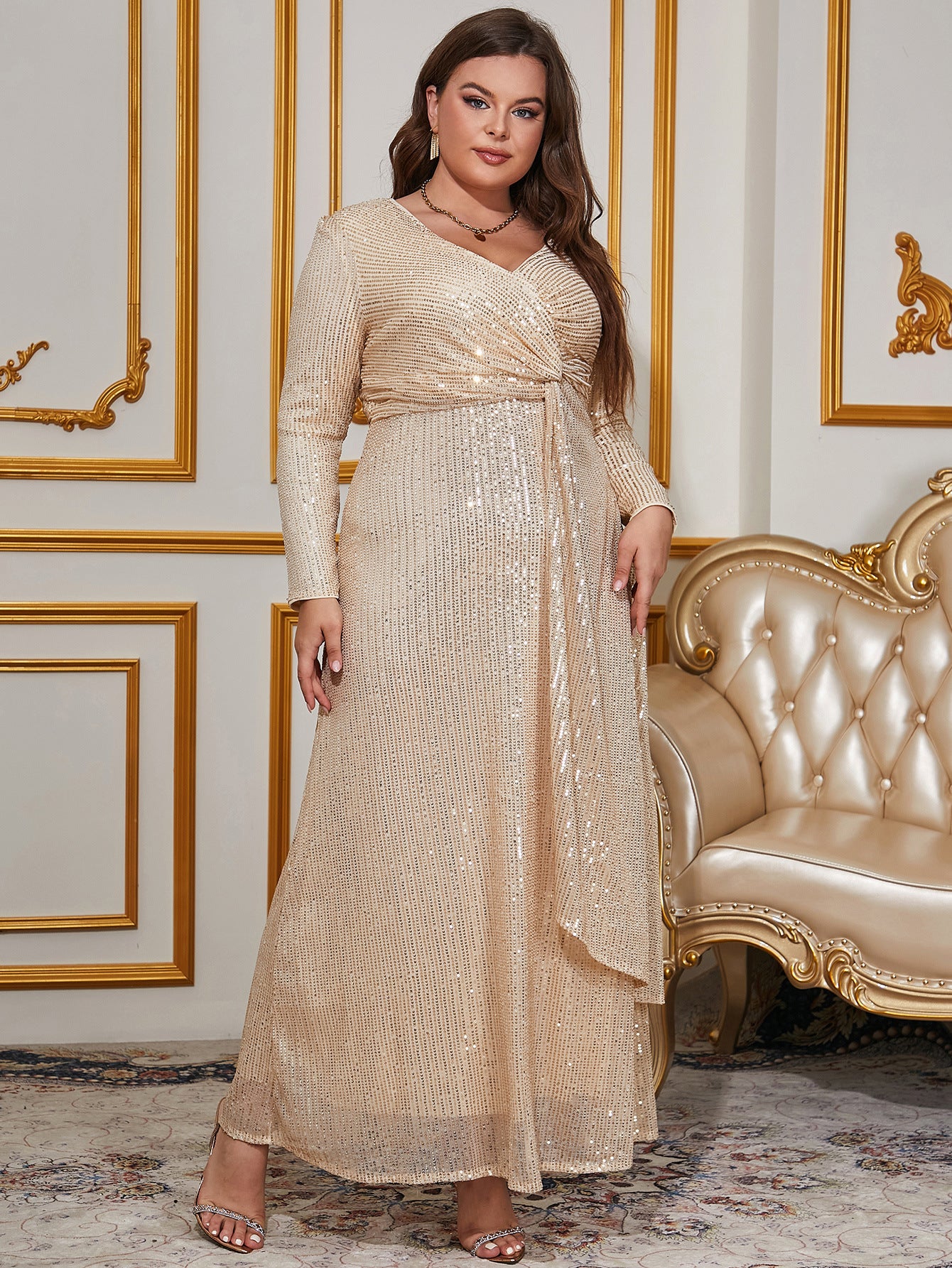 Fashion Chic Elegant Solid Color Sequined Long Sleeve V-Neck Slim Formal Party Women's Evening Dress 5