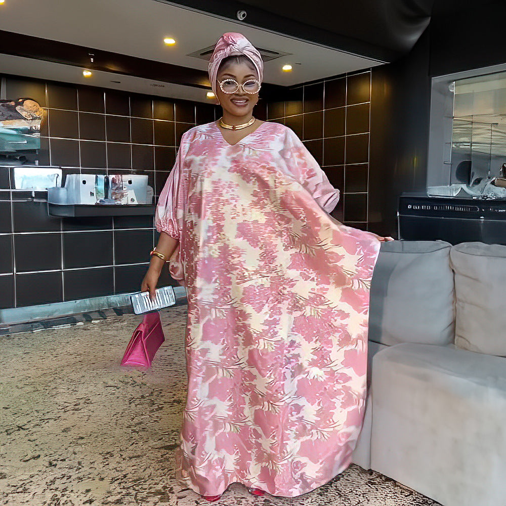 African Mother Loose Long Gown Bubu Bat Sleeves Robe Dress With Headscarf 3
