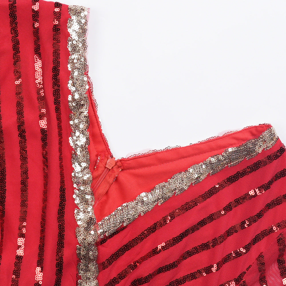 Plus Size African Women Autumn Lace Patchwork Sequins Dress 13