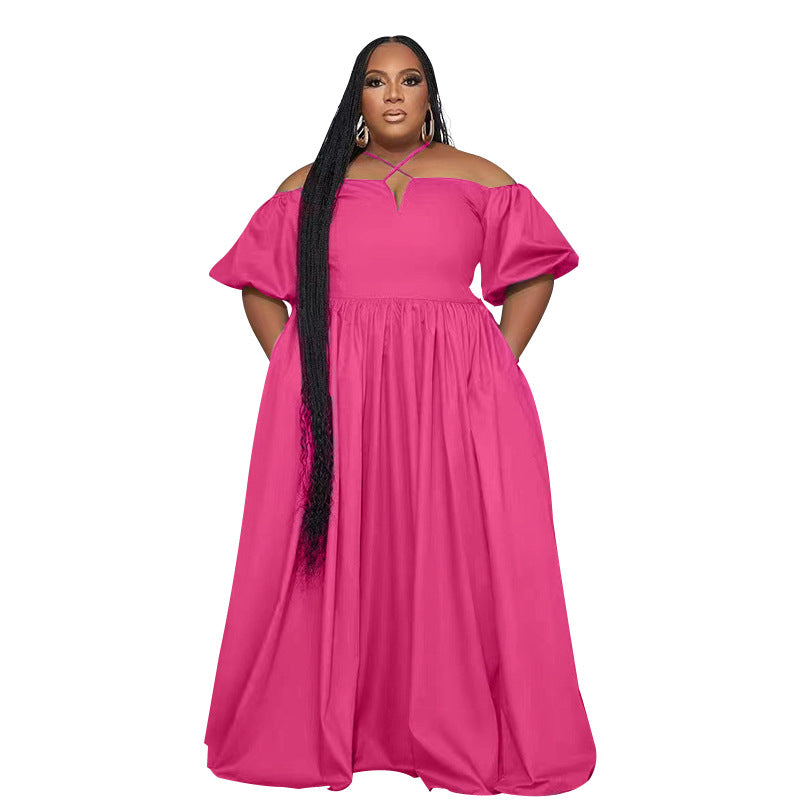 Solid Color Sexy Strapless Halter Neck Plus Size Women's Fashion Loose Short Sleeve Dress 12