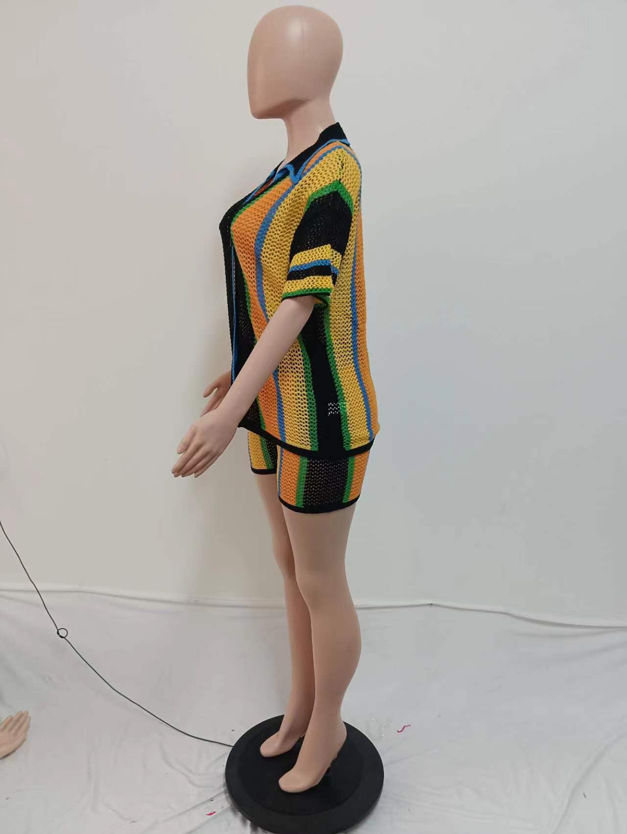 Women's Sexy Hollow See-Through Turndown Collar Knitting Two Piece Shorts Set 20