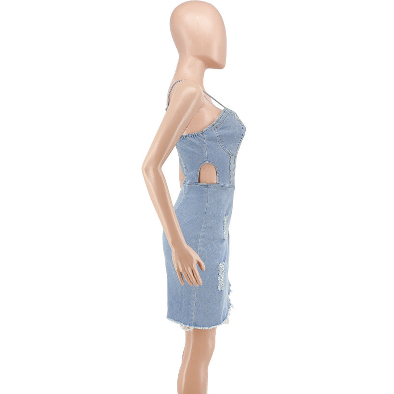 Plus Size Women's Spring Sexy Sleeveless Washed Denim Dress 10