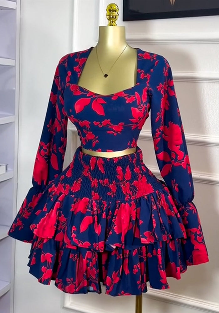 Women's Sweet Floral Print Square Neck Long Sleeve Blouse High-Waist Ruffle Skirt Two-Piece Set