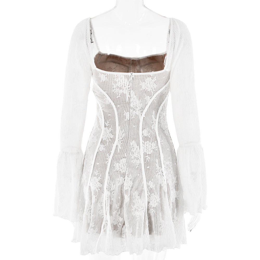 Spring Sexy Lace Bell Sleeve Long-Sleeve Low Back Bodycon Short Dress 15