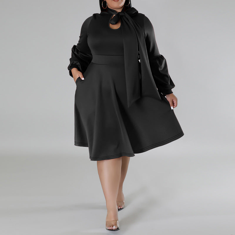 Plus Size Women's tied Neck Puff Long Sleeve A-line Dress 7