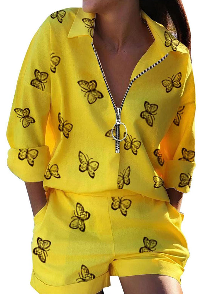 Women printed zipper shirt shorts two-piece set 7