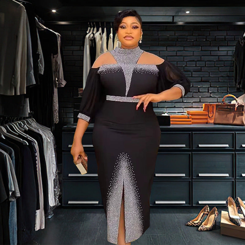 African Plus-Size Elegant Chic Beaded Patchwork Slit Bodycon Dress 3