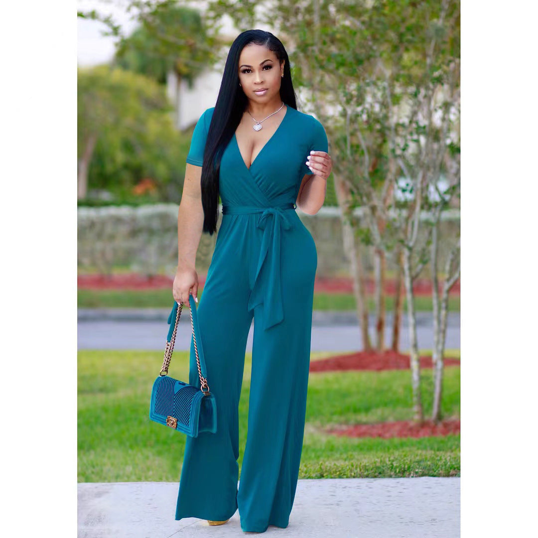 Summer Short Sleeve Wrap V-Neck Solid Loose Jumpsuit 8
