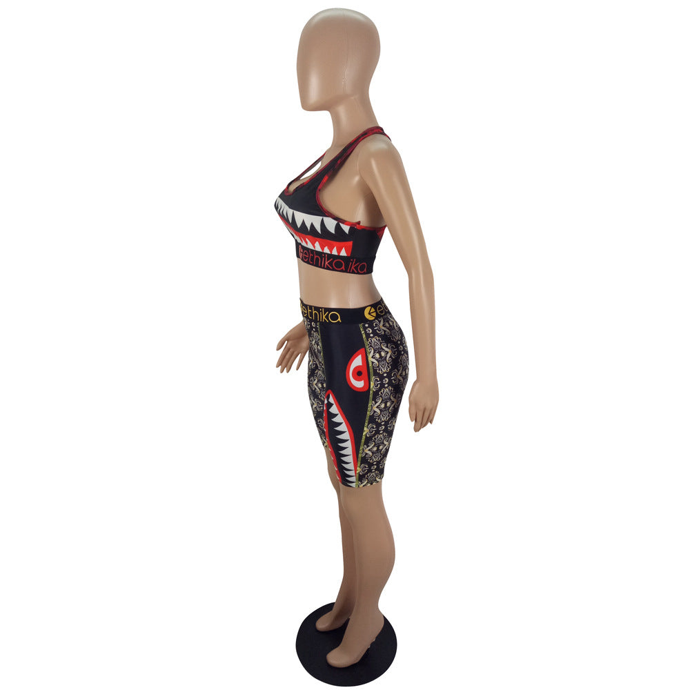 Cartoon Print Casual Camouflage Tank Biker Shorts Two-Piece Set 25