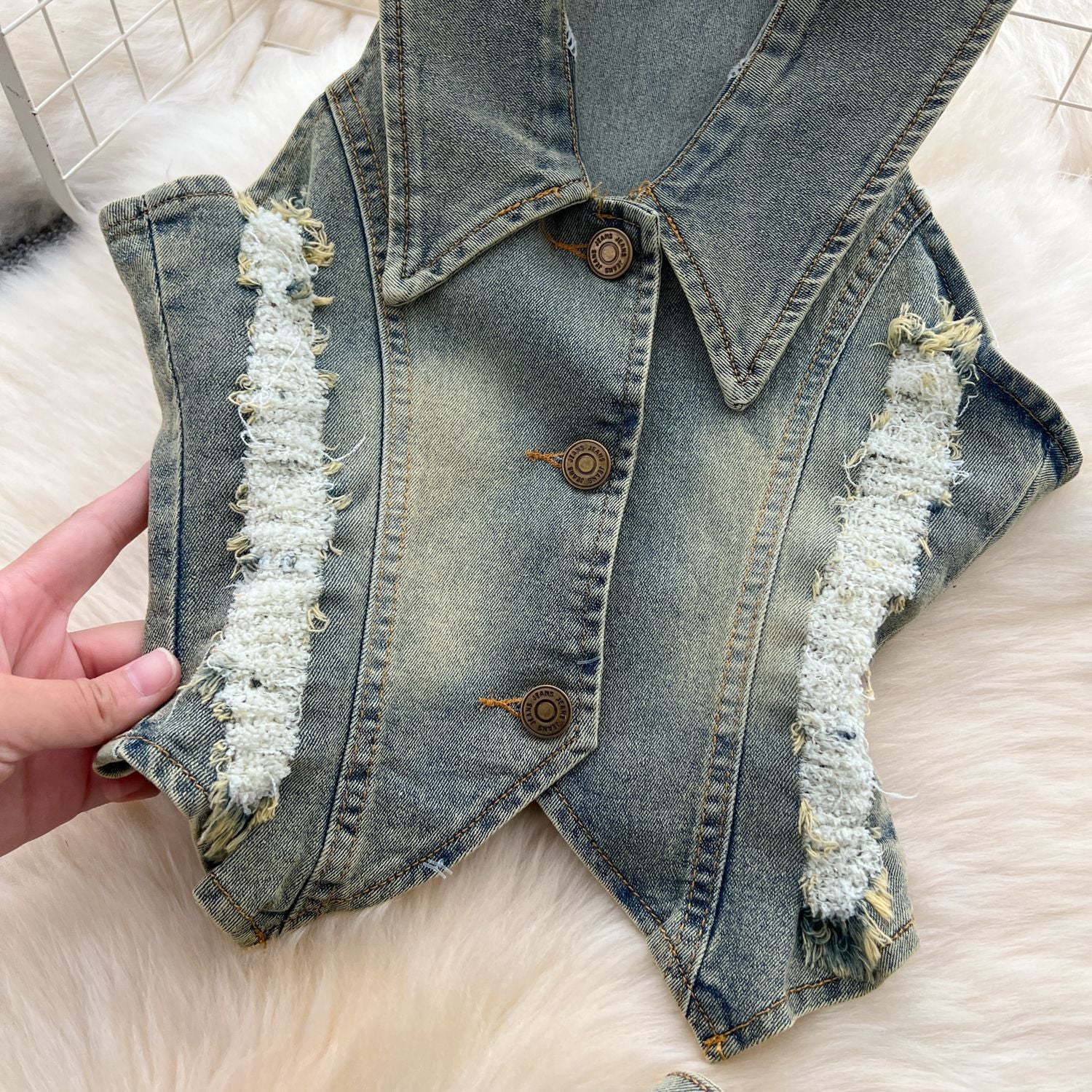 Turn Down Collar Distressed Denim Halter Top Slit Skirt Set 18