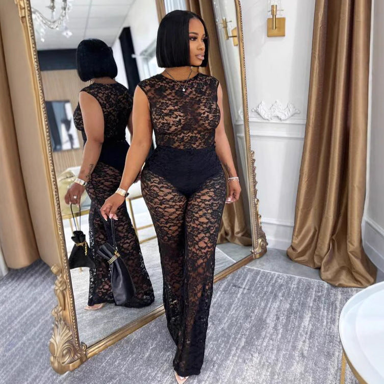 Women Elegant See-Through Lace Top and Pants Two Piece 4