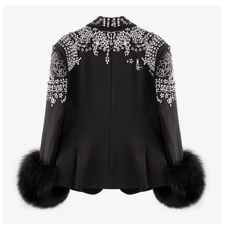 Women Spring Autumn One Button Long Sleeve Turndown Collar Beaded Black Fur Slim Fit Jacket 6