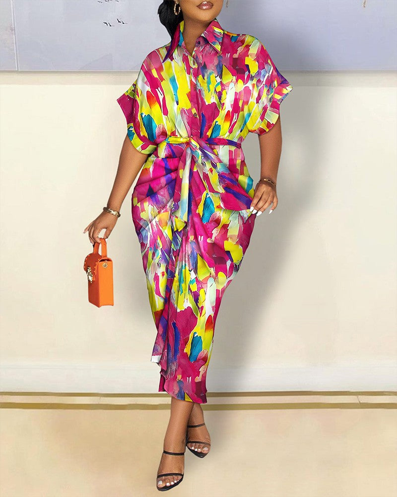 autumn long sleeve v-neck button print shirt dress women's long dress 11