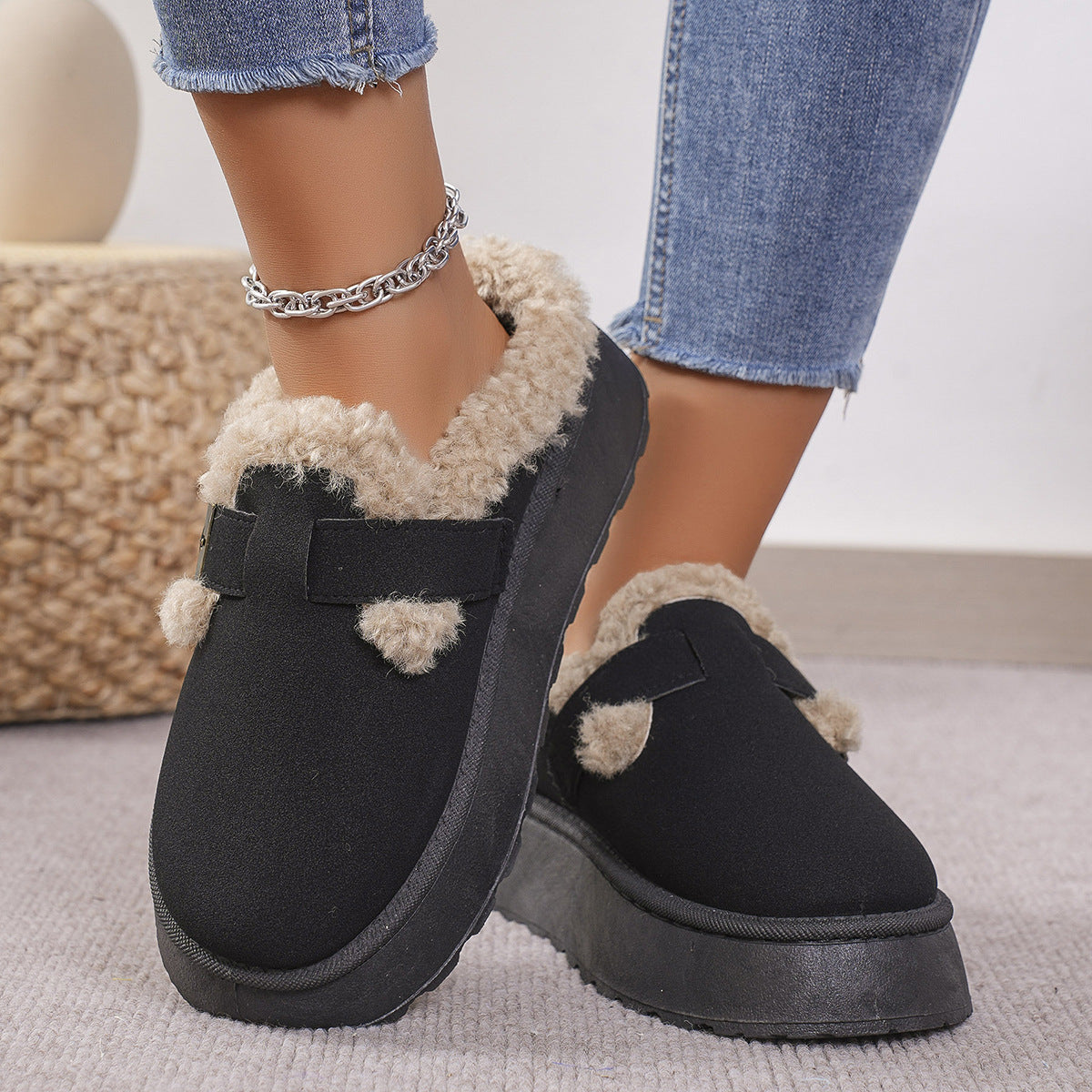Fashionable Autumn Winter Thick-Soled Fleece Buckle Cotton Slippers Casual Plus Size Women's Shoes 7