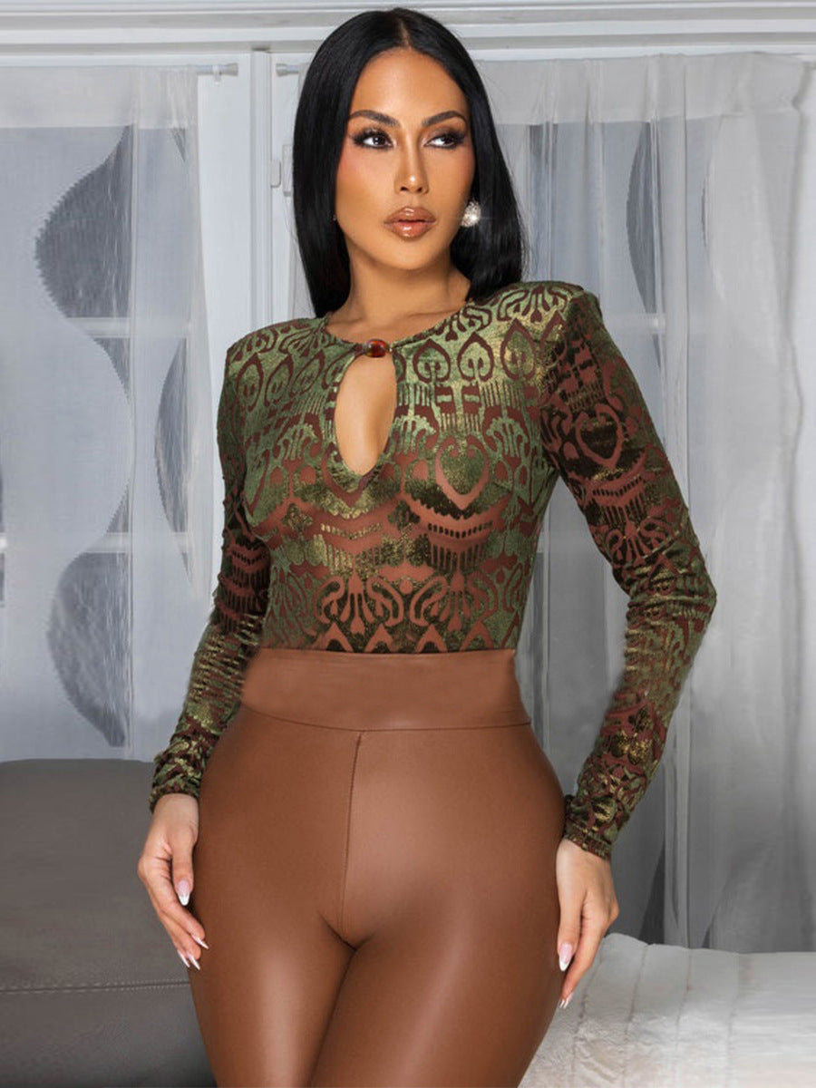 Women's Sexy Autumn Slim-Fitting Flocked Round Neck Long Sleeve Stretch Bodysuit 4