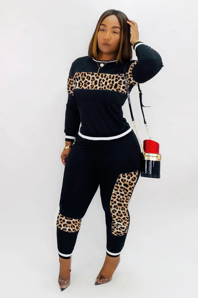 Women Fall and winter leopard print Patchwork long-sleeved top and Pant two-piece set 7