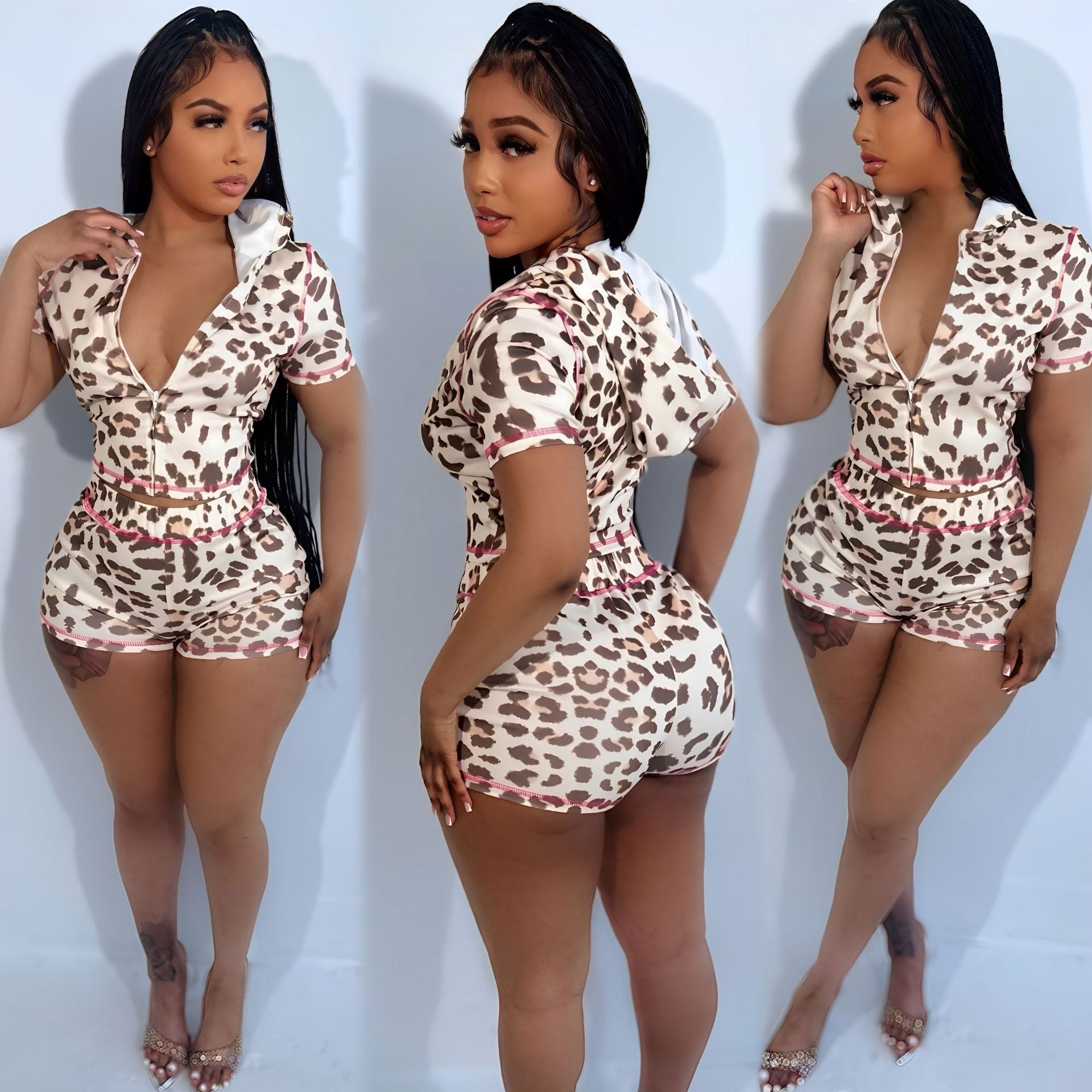 Women Leopard Zipper Hooded Print Top and Shorts Two Piece Set 4