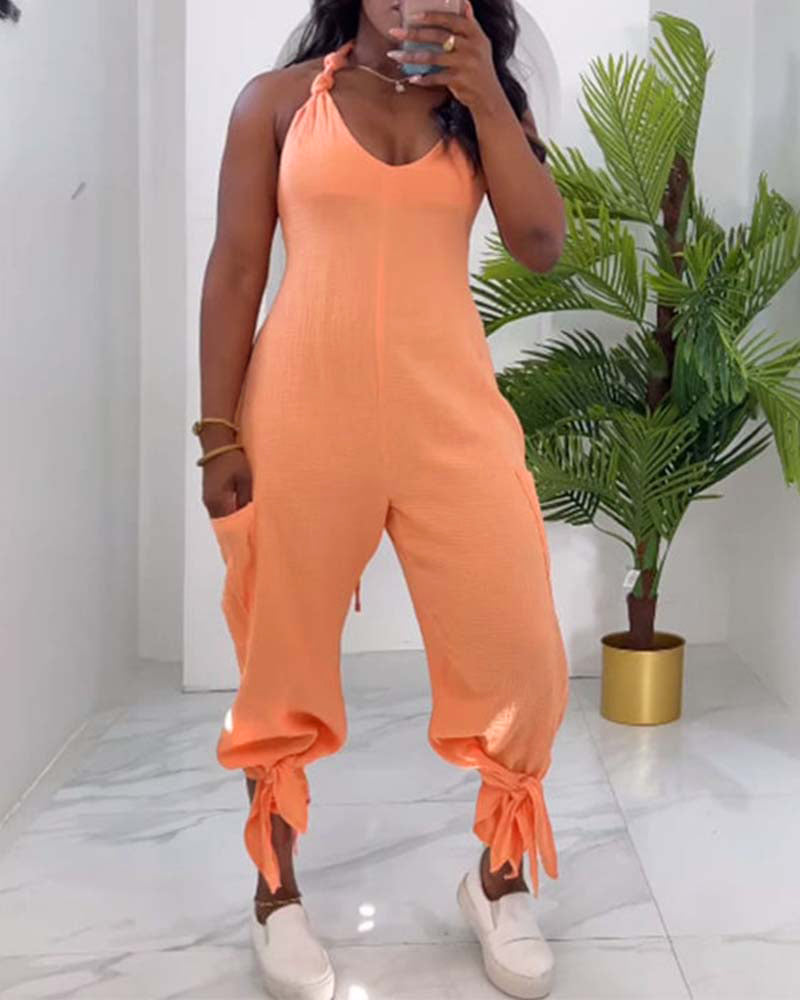Women's Solid Color Casual Halter Neck Low Back Lace-Up Casual Pocket Jumpsuit 6