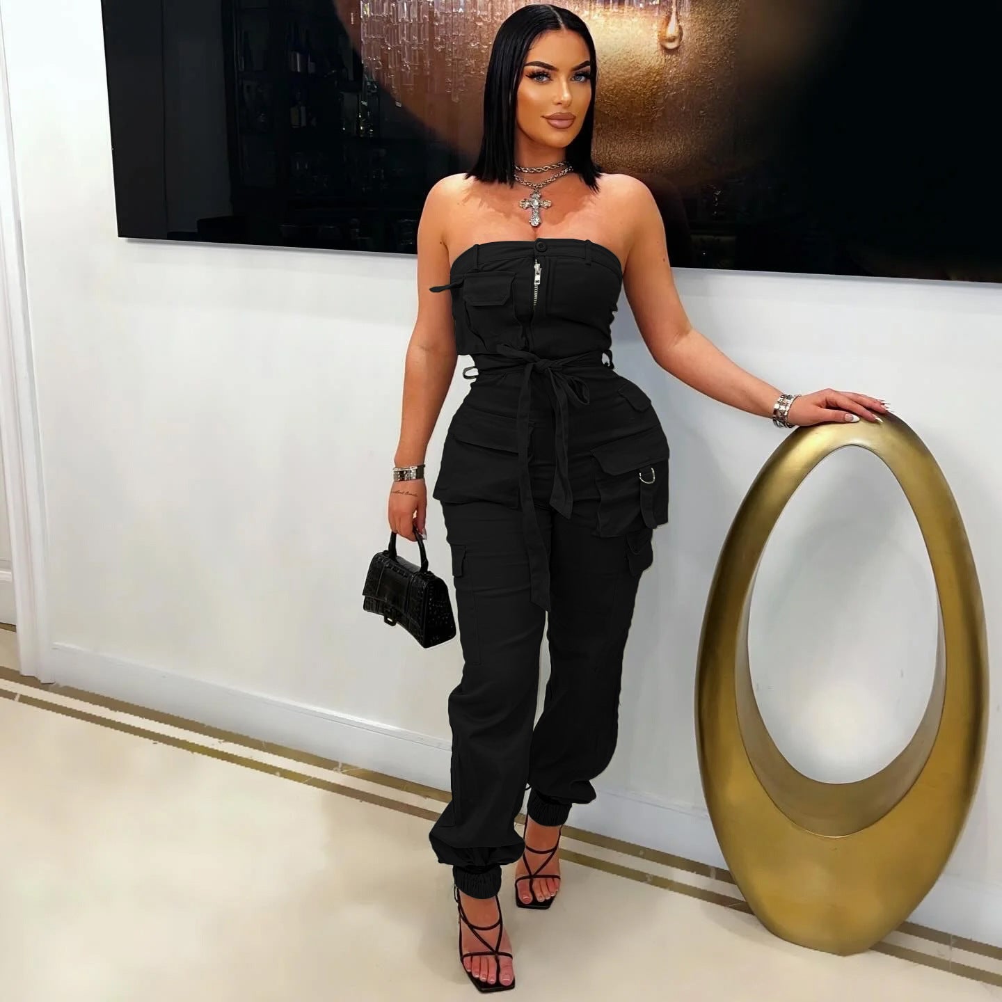 Casual Career Solid Color Multi-Pocket Strapless Cargo Jumpsuit 3