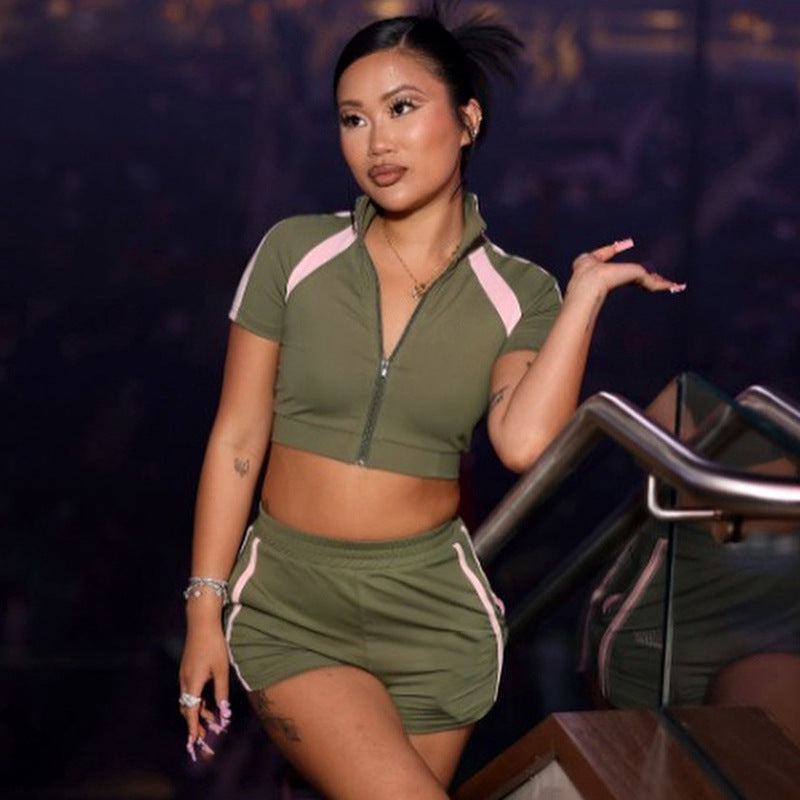Women spring and summer Turndown Collar Zipper contrast color Top and sports shorts two-piece set 3