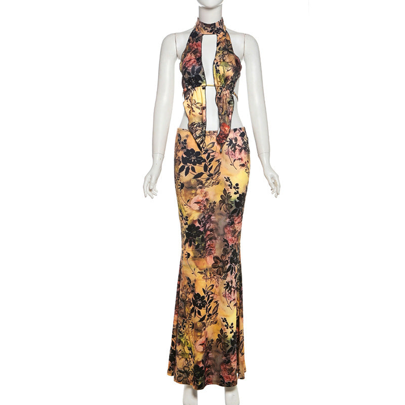 Women Sexy Backless Halter Neck Top Bodycon Skirt Two-piece Set 7