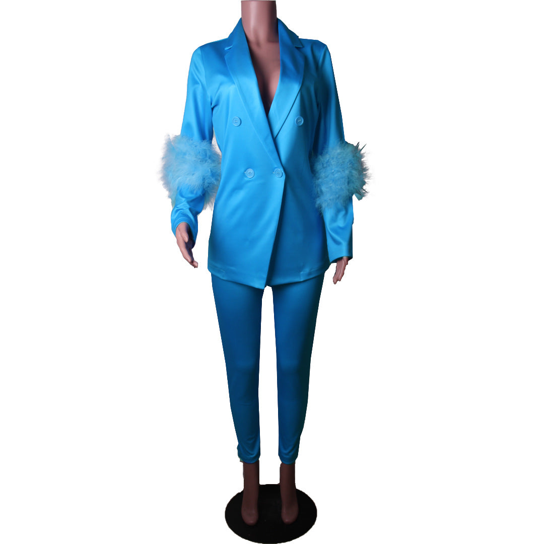 Fall Women Feather Blazer and Pant Two Piece 23