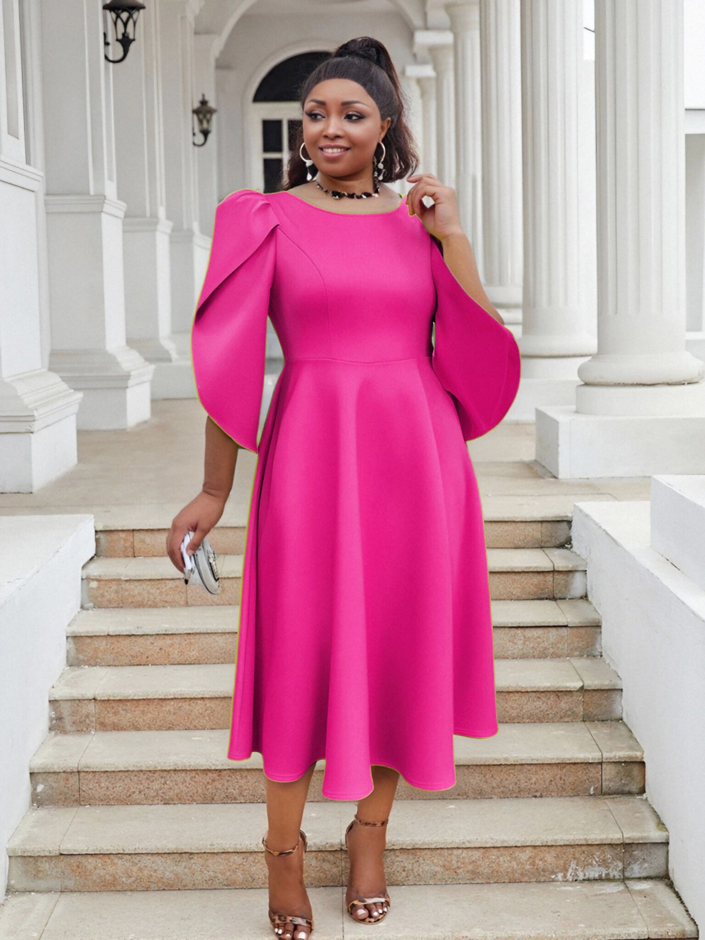 Plus Size Women Party Ruffle Sleeve Dress 12