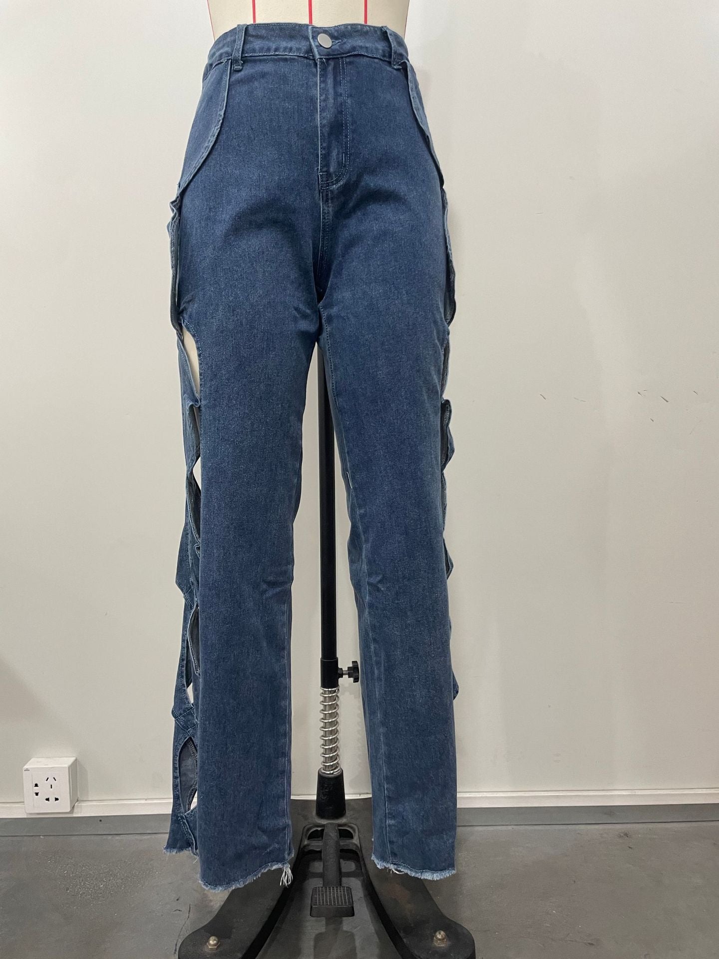 Spring/Summer Women's Side Cutout Denim Patchwork Trousers 7