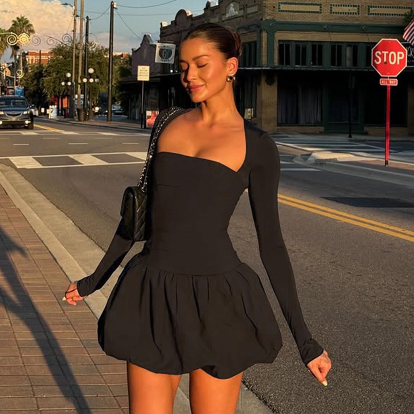 Women Elegant Square Neck Floral Long-Sleeved Solid Dress 3