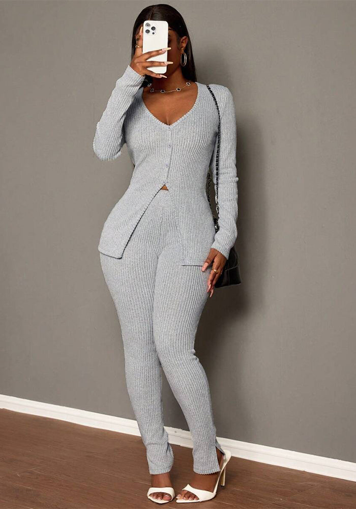 Women Long Sleeve Ribbed Casual V-Neck Top and Pants Two Piece