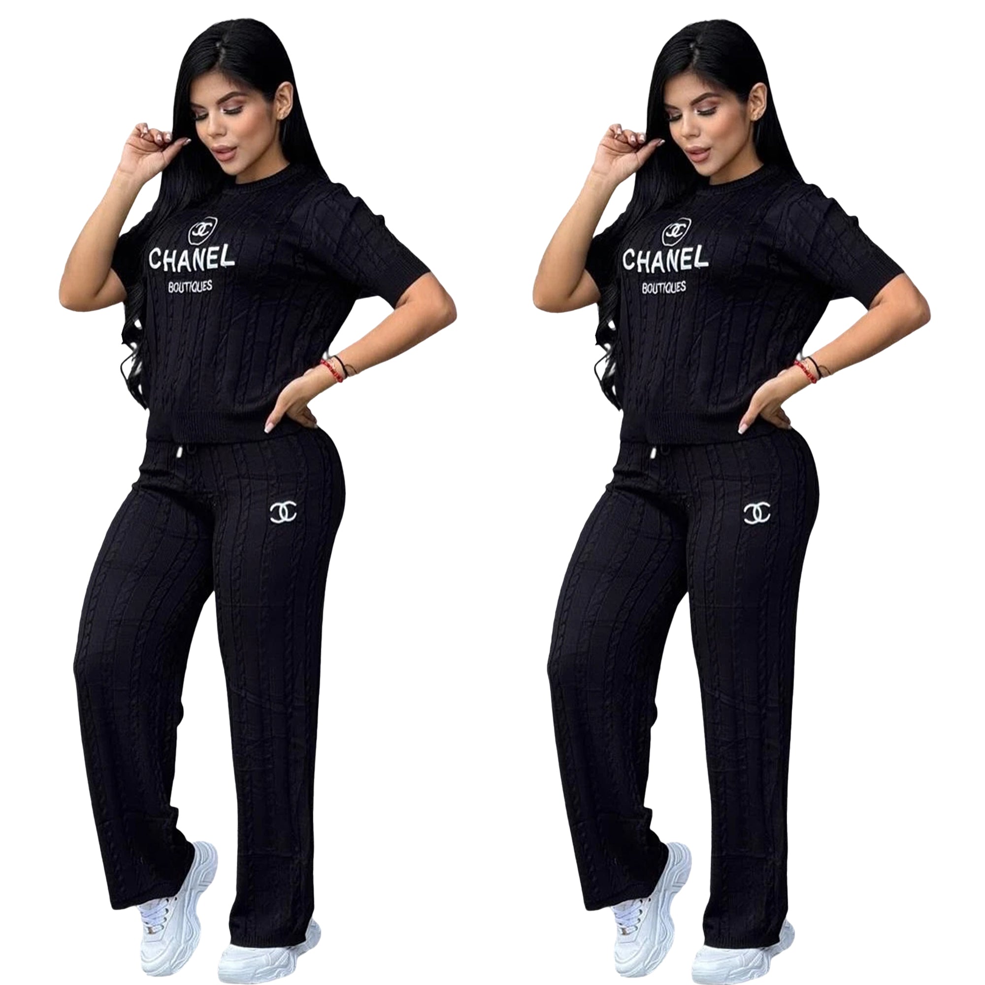 Women Knitting sweater autumn casual short-sleeved sweater top and long pants knitting two-piece set 4