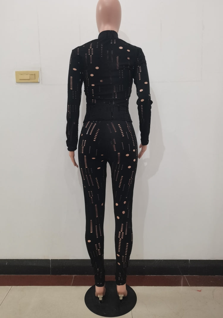 Spring Black Sexy Hollow Out Tight Top and Pants Two Piece Set 6